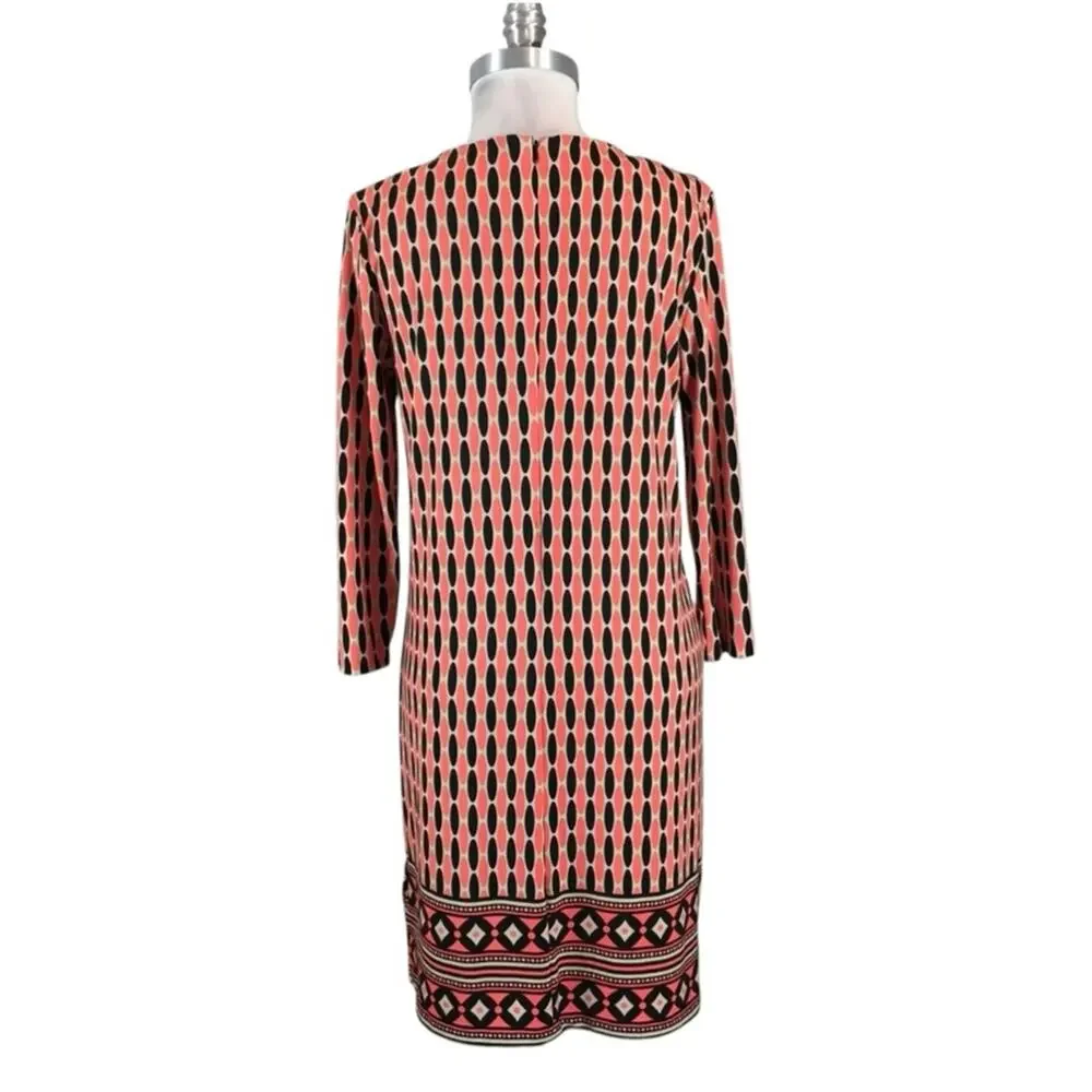 Vintage Michael Kors Coral Black‎ geo Shift dress Size M 3/4 sleeve